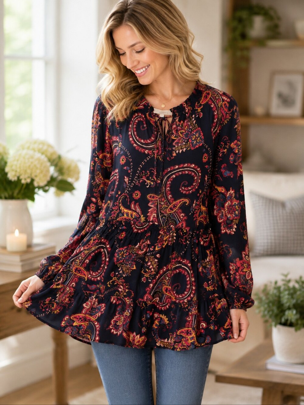 LOFT Navy Red Paisley Ruffle Neck Long Sleeve Peplum Blouse Size S Boho Chiffon